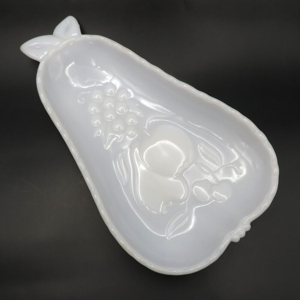 Vintage Hazel Atlas Milk Glass Pear Shaped Relish Tray Fruit Embossed Nut Dish